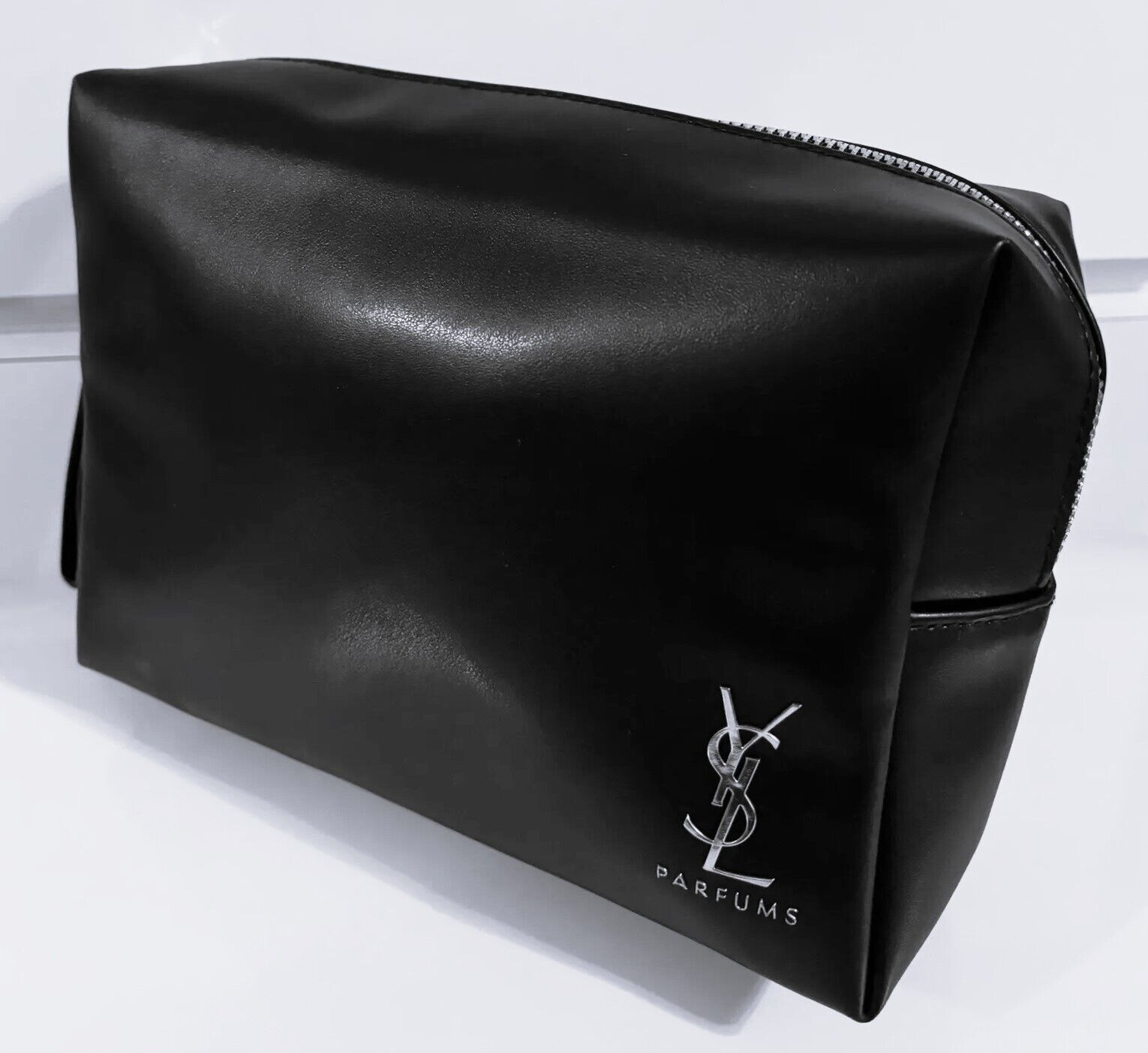 YSL Yves Saint Laurent Black Faux Leather Silver Logo Toiletry Makeup Bag NEW!