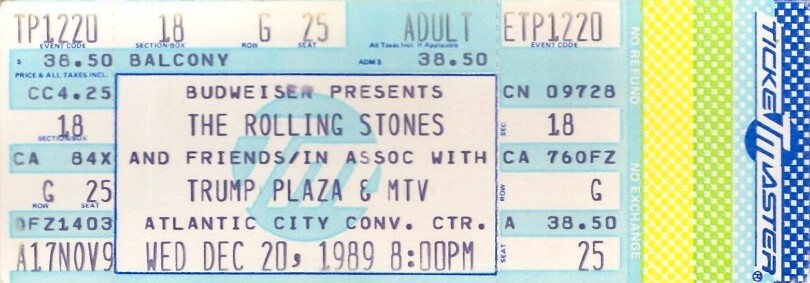 THE ROLLING STONES DEC 20, 1989 TRUMP PLAZA & MTV UNUSED CONCERT TICKET EX 2 NMT