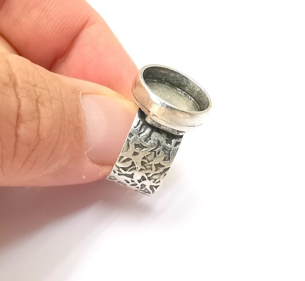 Round Antique Silver Ring Blank Setting, Cabochon Mounting Adjustable Resin Ring