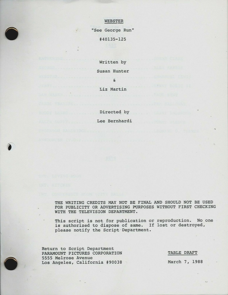 Webster 1988 Television Series Table Draft Script "3/7/88" "See George Run"