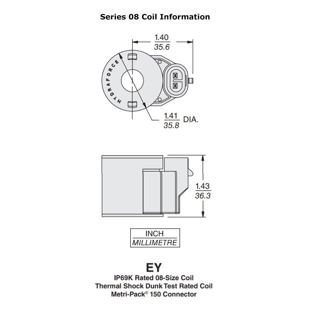 HydraForce 4303812 Solenoid Valve Coil, Metri-Pack Connector, ZD, 12Vdc, 08 Size
