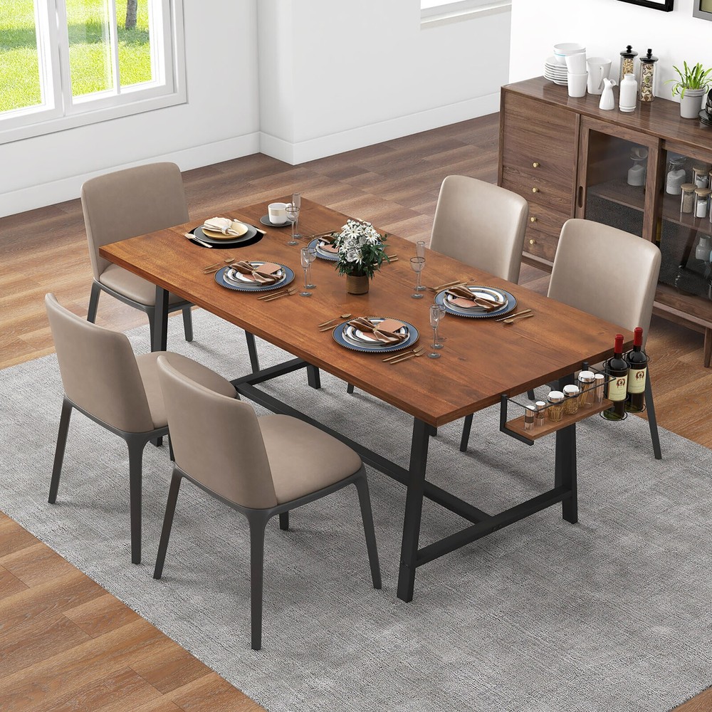 72" Industrial Rectangular Kitchen Table w/ 2-Bottle Wine Rack Condiment Holder