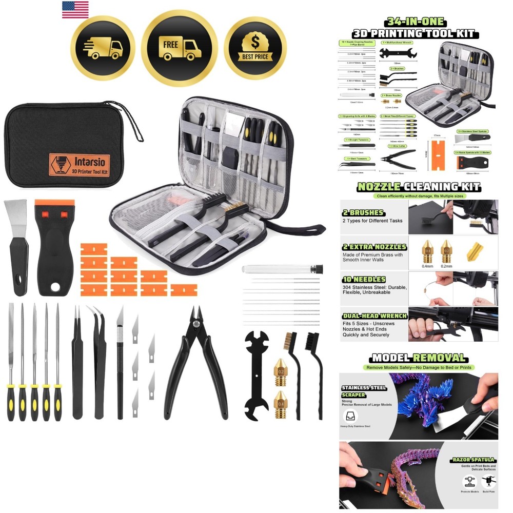 3D Printer Tools Kit 34pcs Accessories Nozzle Cleaner Scraper Files Cutter Br...
