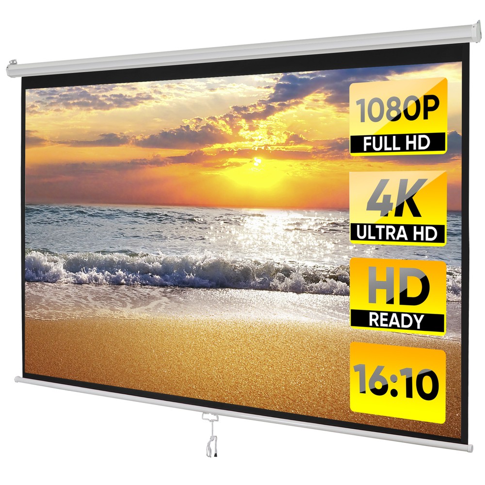 100" Projector Screen Manual Pull Down Projection Screen Theater 16:10 4K HD