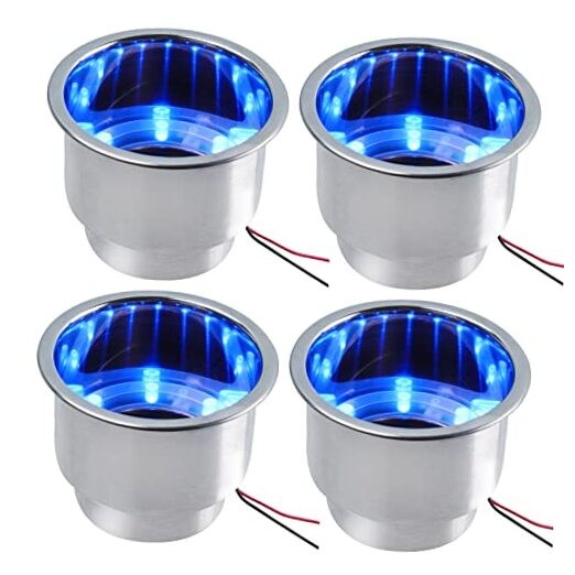 4PCS Boat Cup Holder, Stainless Steel Boat Cup Holder Insert, Blue Led Blue*4