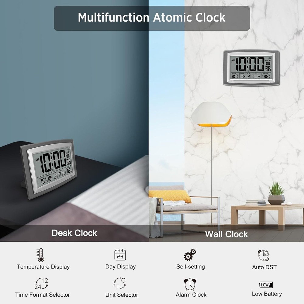 Atomic Wall Clock with Indoor/Outdoor Temperature Display