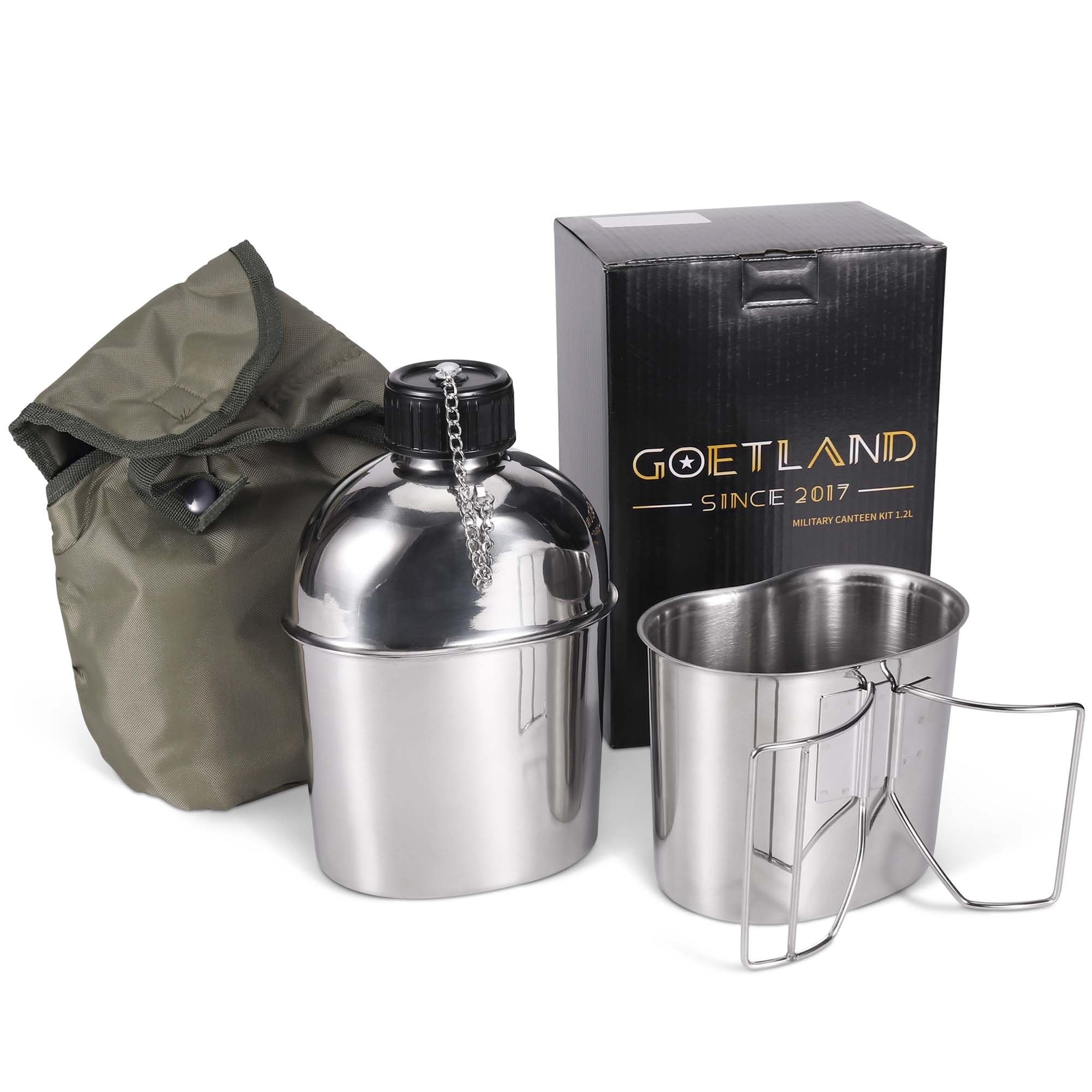 Goetland Stainless Steel WWII US Army Canteen Kit 1.3QT Nylon Pouch
