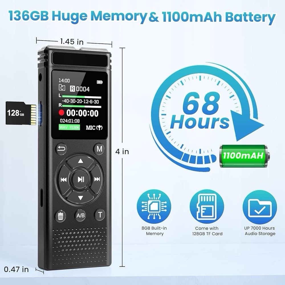 136GB Digital Voice Recorder with Playback,9000 Hours Audio Recording Device,Voi