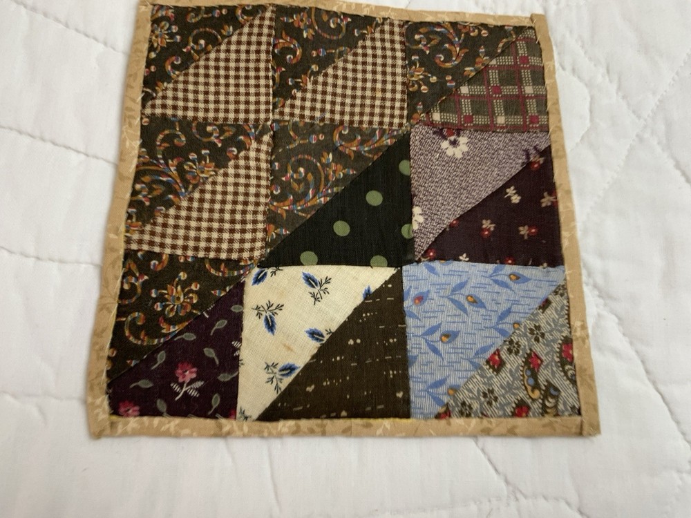 Antique Patchwork Quilt Table Topper, Nine Patch, Triangle, Early Calicos, Brown