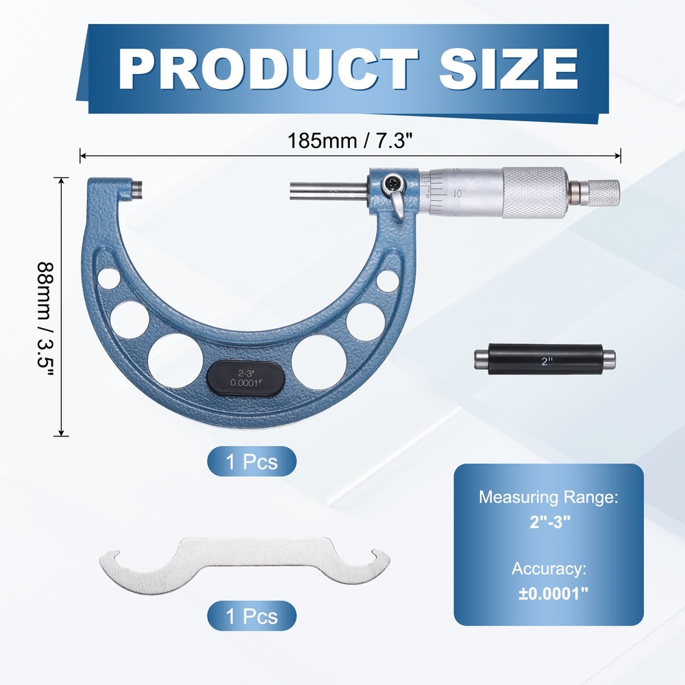 Outside Micrometer, 2-3inch Range 0.0001" Accuracy, Blue