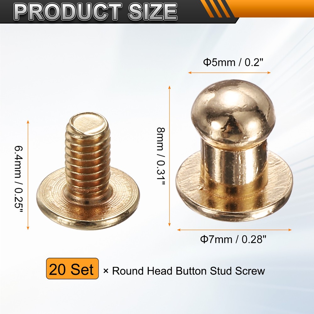 20Set Round Head Button Stud Screw 5mm Chicago Screws Button Rivets Gold