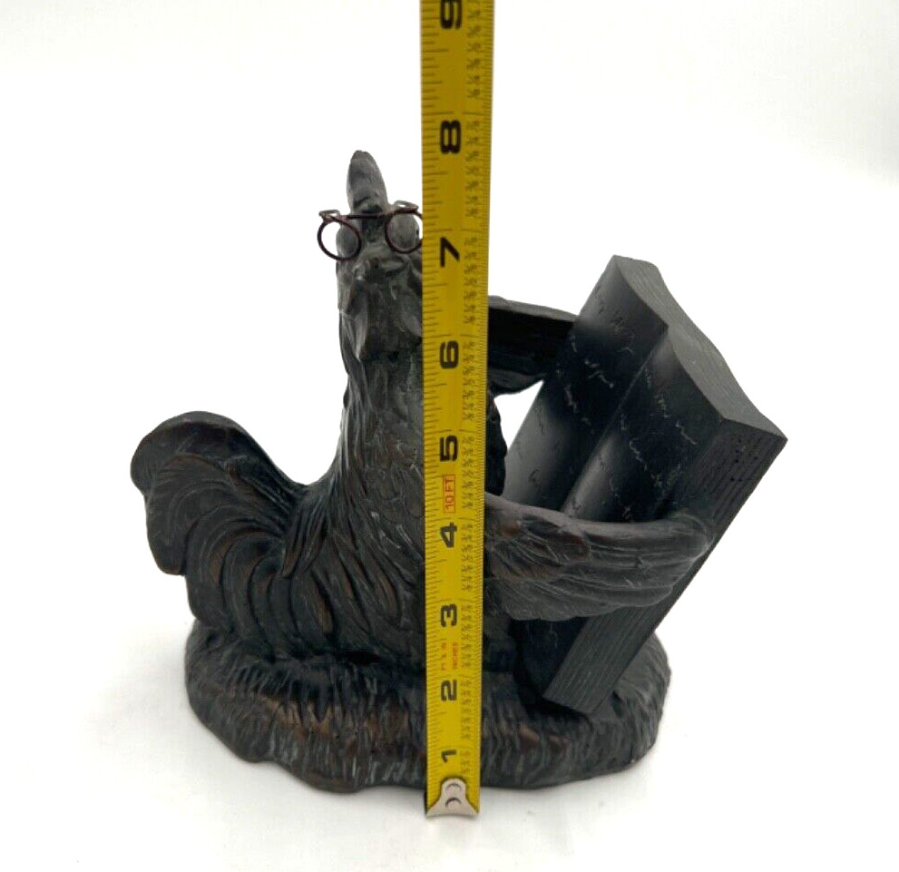 Cast Bronze Chicken Figurine Reading A Book