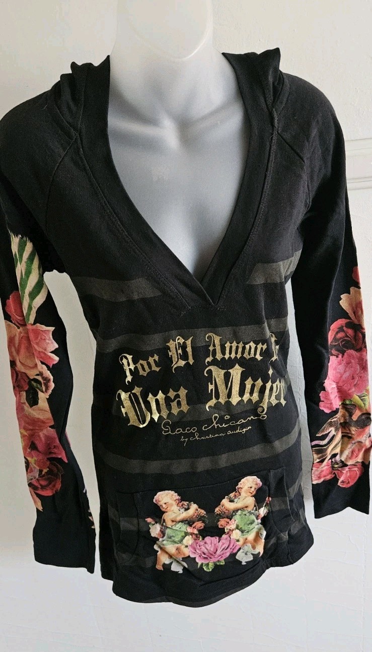Paco Chicano by Christian Audigier V-Neck Hoodie Angel Floral Black L