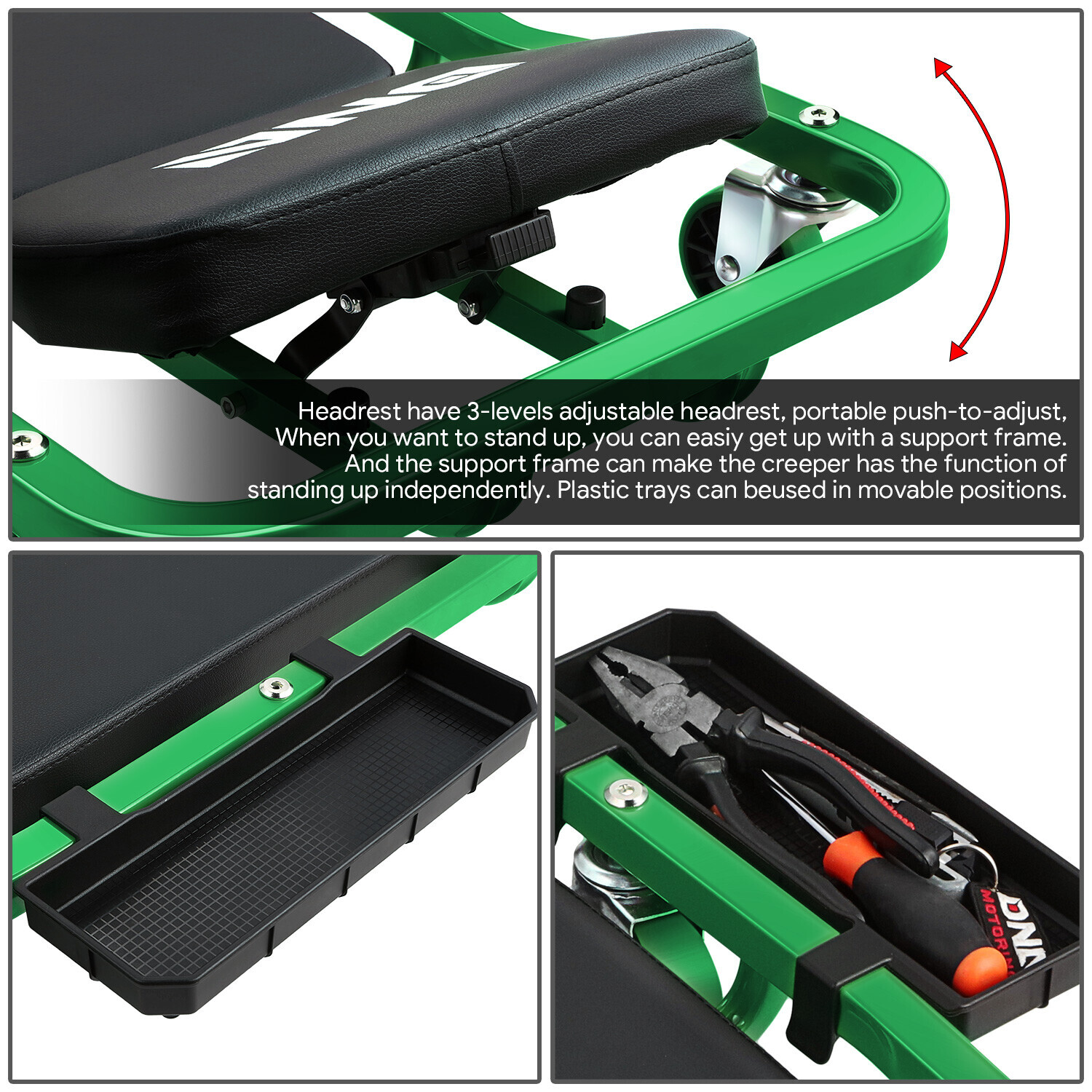 43" 2 IN 1 Mechanic 3-Level Adjustable Rolling Auto Garage/ Shop Creeper Green
