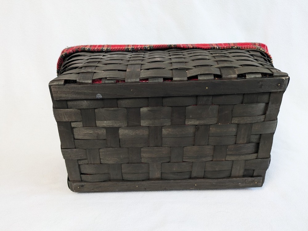 Split Reed Wicker Rectangle Nesting Baskets Holiday Plaid Fabric Lined Set Of 2