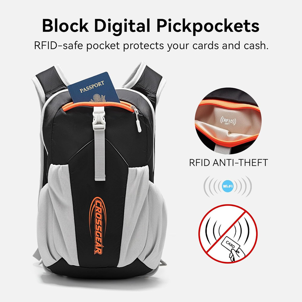 CROSSGEAR 16L RFID Hiking Backpack, Lightweight Foldable Packable Backpack, Smal