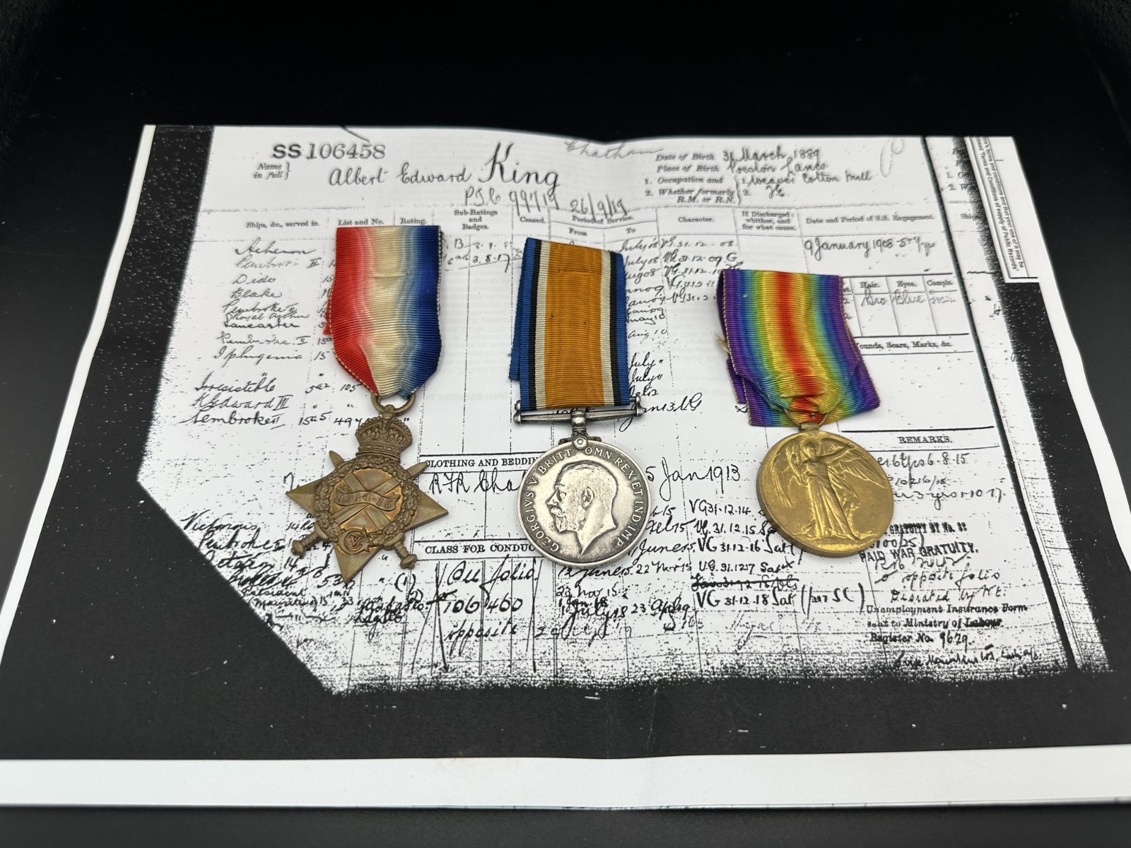 WW1 Star Medal Trio SS.106458 A.E.King STO.1.RN Stoker Royal Navy