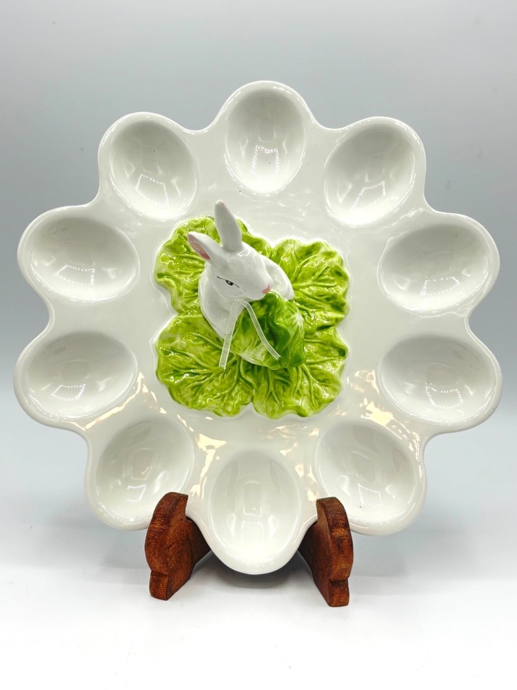 Corner Ruby Spring Easter Bunny Cabbage Ceramic Deviled Egg Serving Platter