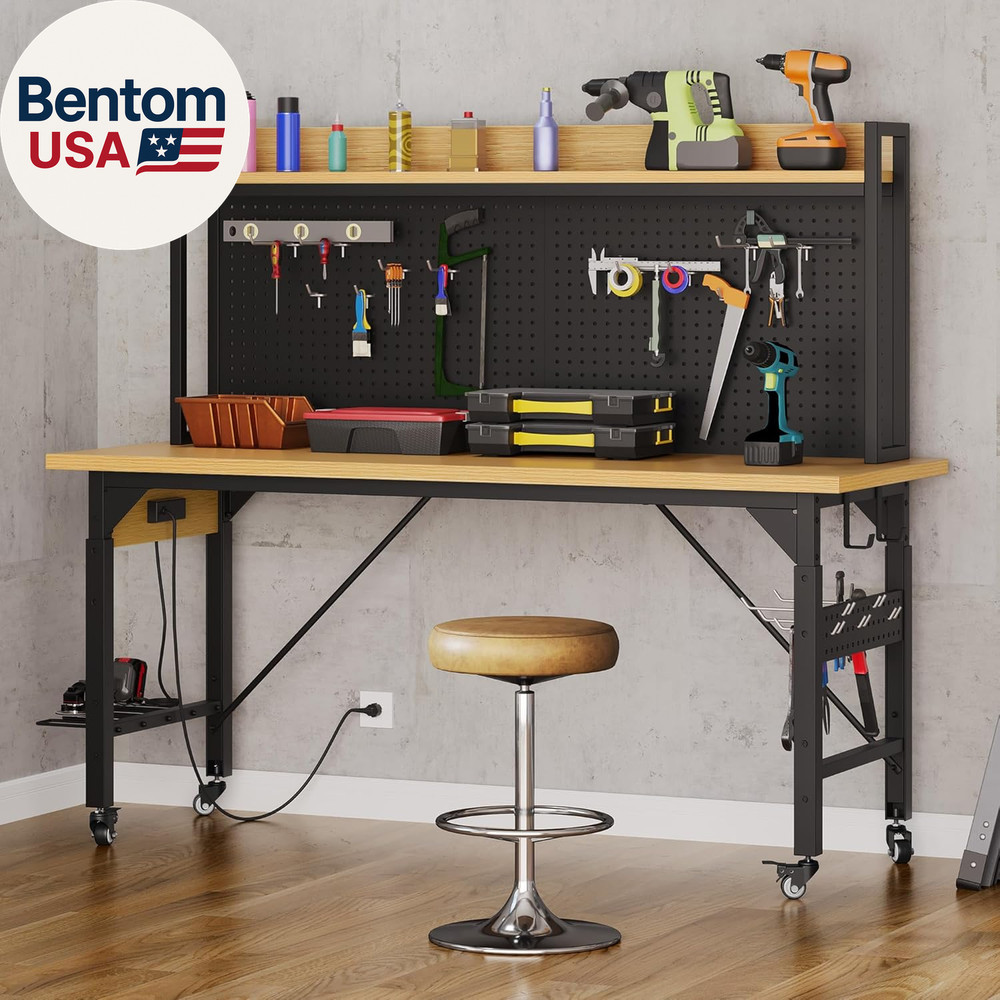 Adjustable Workbench with Pegboard 48", Heavy Duty Wood Top Work Bench with Whee