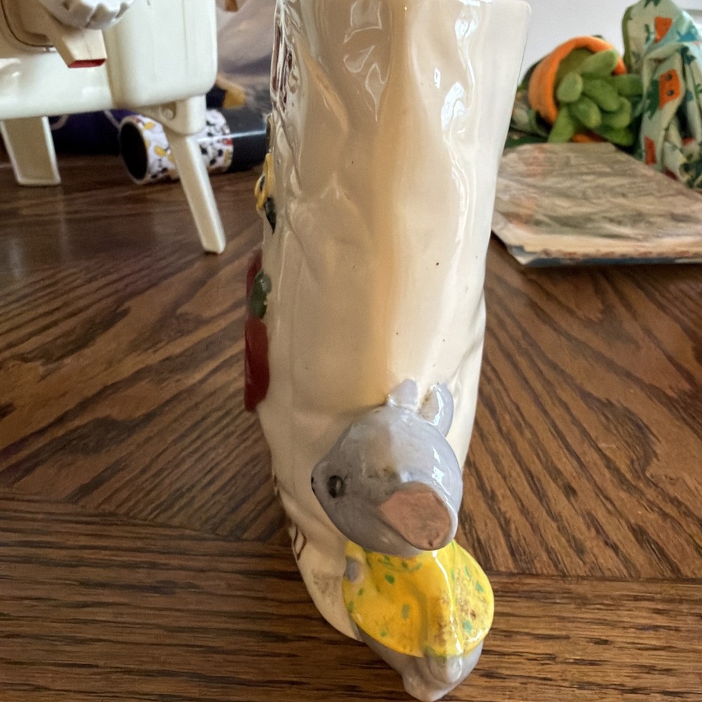 Ceramic Vase/ Match Holder Apple Seed With Mouse