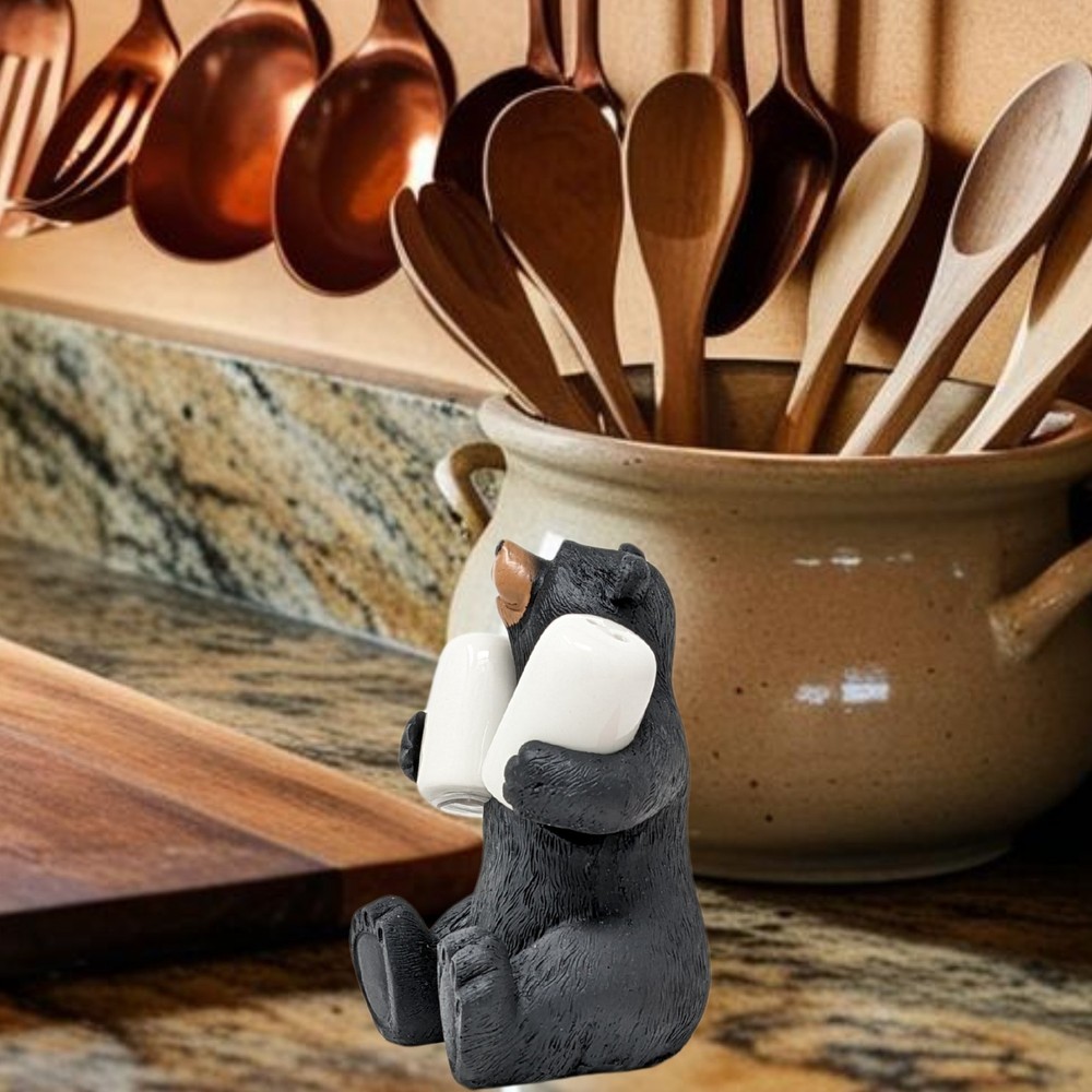 Sitting Bear Salt & Pepper Holder – Rustic Kitchen Decor with Ceramic Shakers