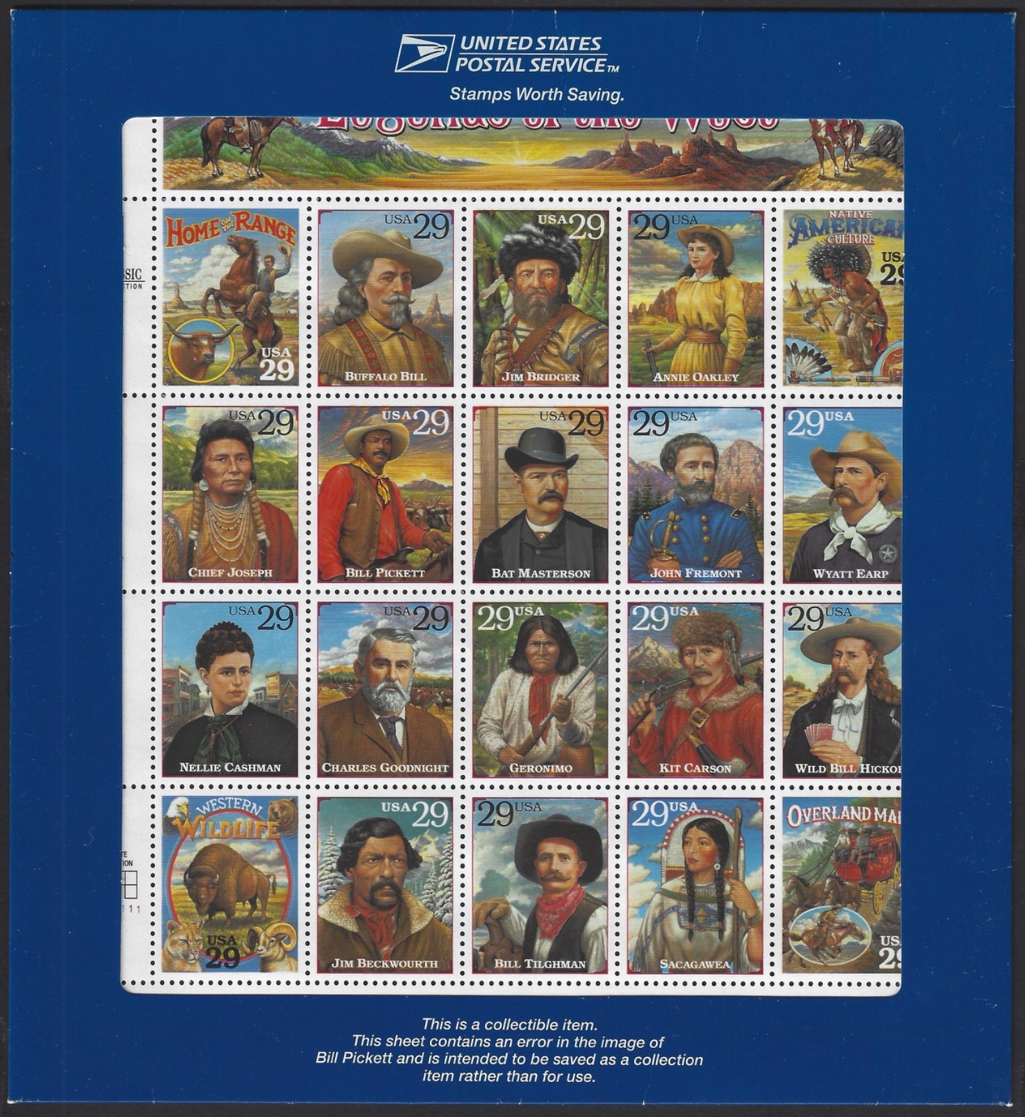 1994 #2870 Recalled Legends of the West Pane in original folder, MNH, Scott $125