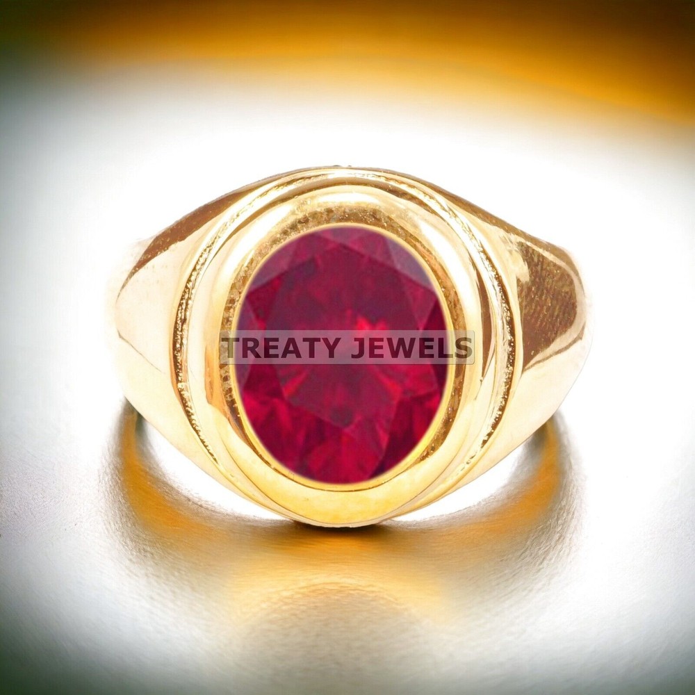 Ruby Oval Cut With 14K Solid Yellow Gold Ring For Men's #A515