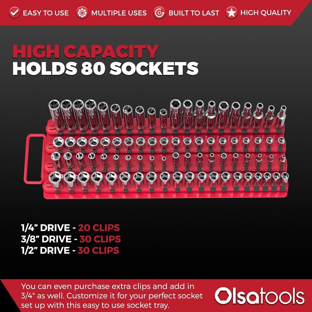 Olsa Tools Socket Organizer Tray - Portable Red Rail with Black Clips