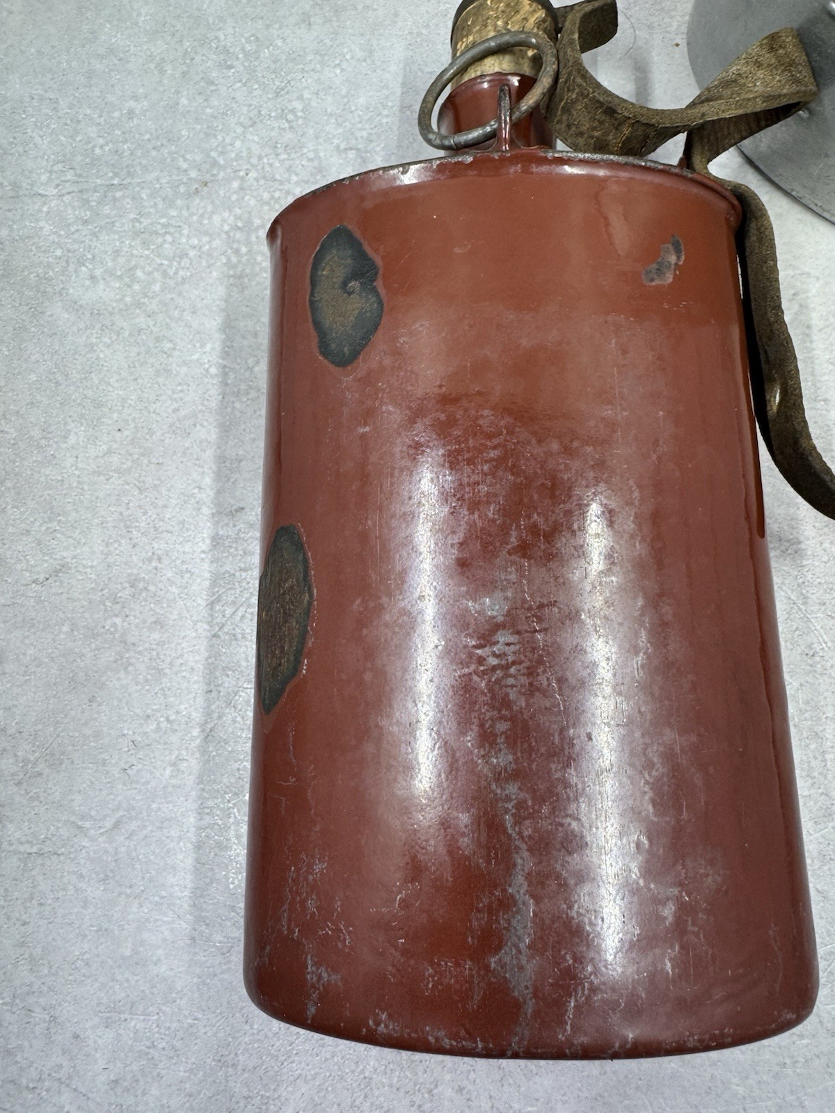 Vintage Swiss Army Canteen Enamel Water Bottle w/ Cork & Leather Strap 8.5”
