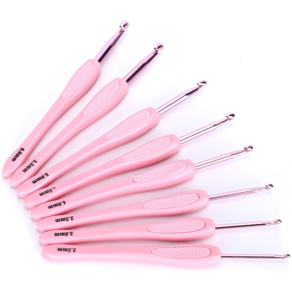 Pink 8Pcs Crochet Hook Thread Knitting Tools ABS Plastic Handle Ergonomic