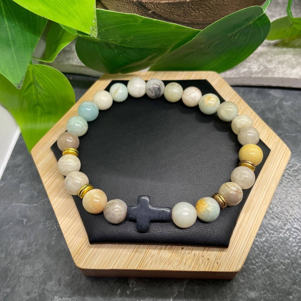Handmade Beaded Stackable 7”Plus Stretch Bracelet Stone Cross New B7490