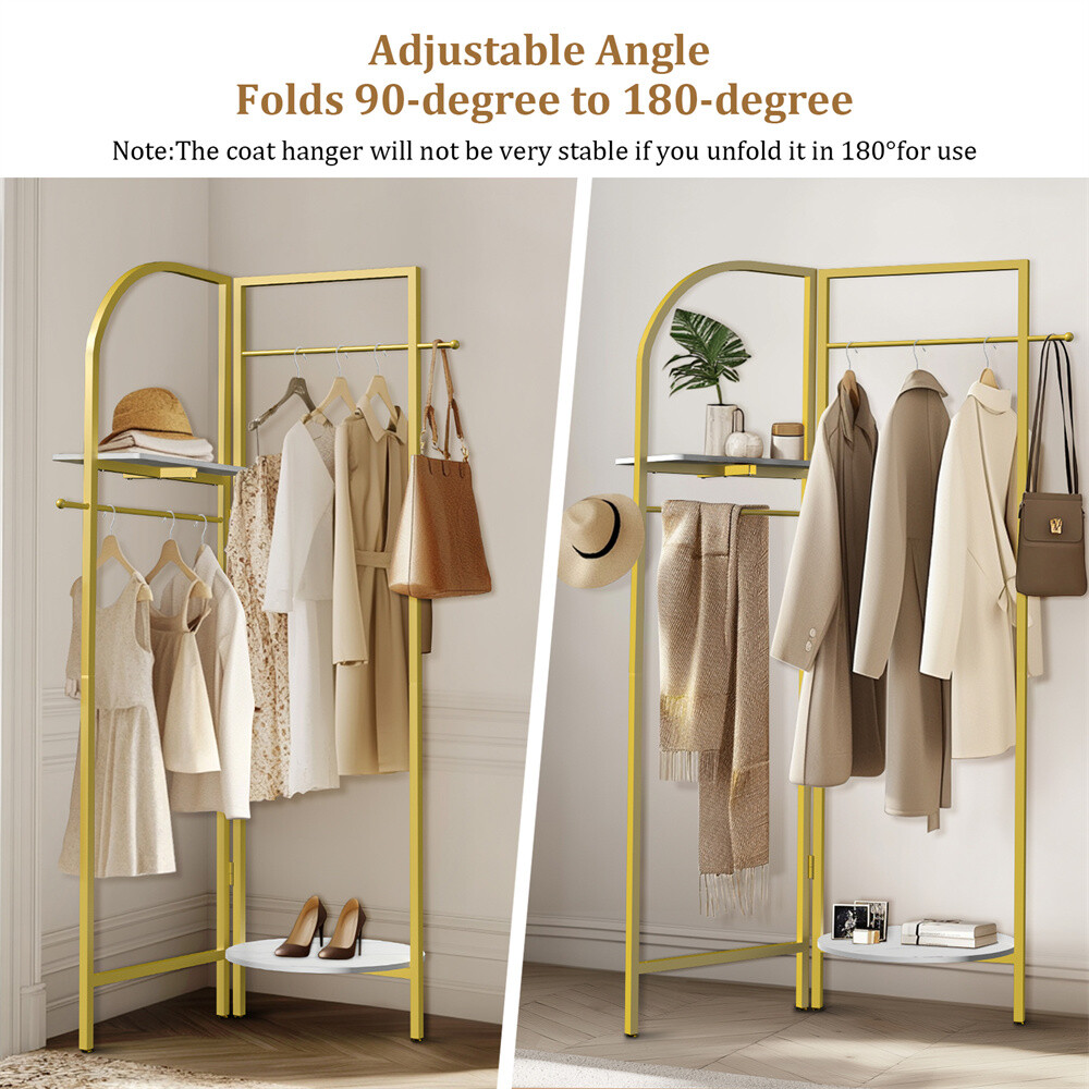Corner Gold Metal Clothing Rack Freestanding Clothes Coat Rack 90-180° Unfolding