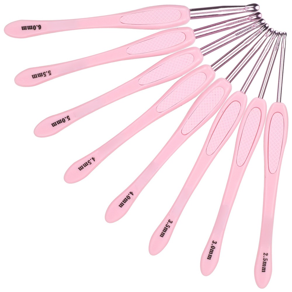 Pink 8Pcs Crochet Hook Thread Knitting Tools ABS Plastic Handle Ergonomic