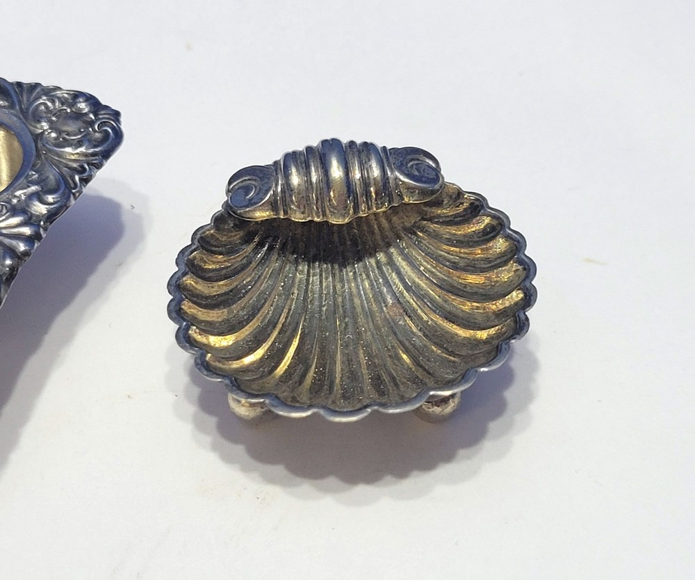 Antique Silverplated Salt Cellars Square and Shell Shaped Pair