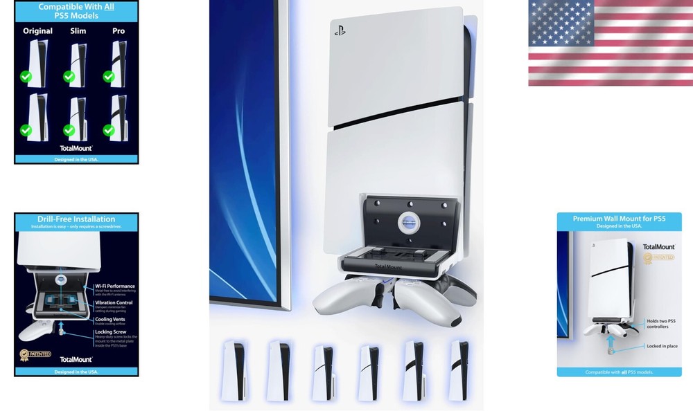 PS5 Universal Wall Mount with Controller Storage - Easy Drill-Free Installation