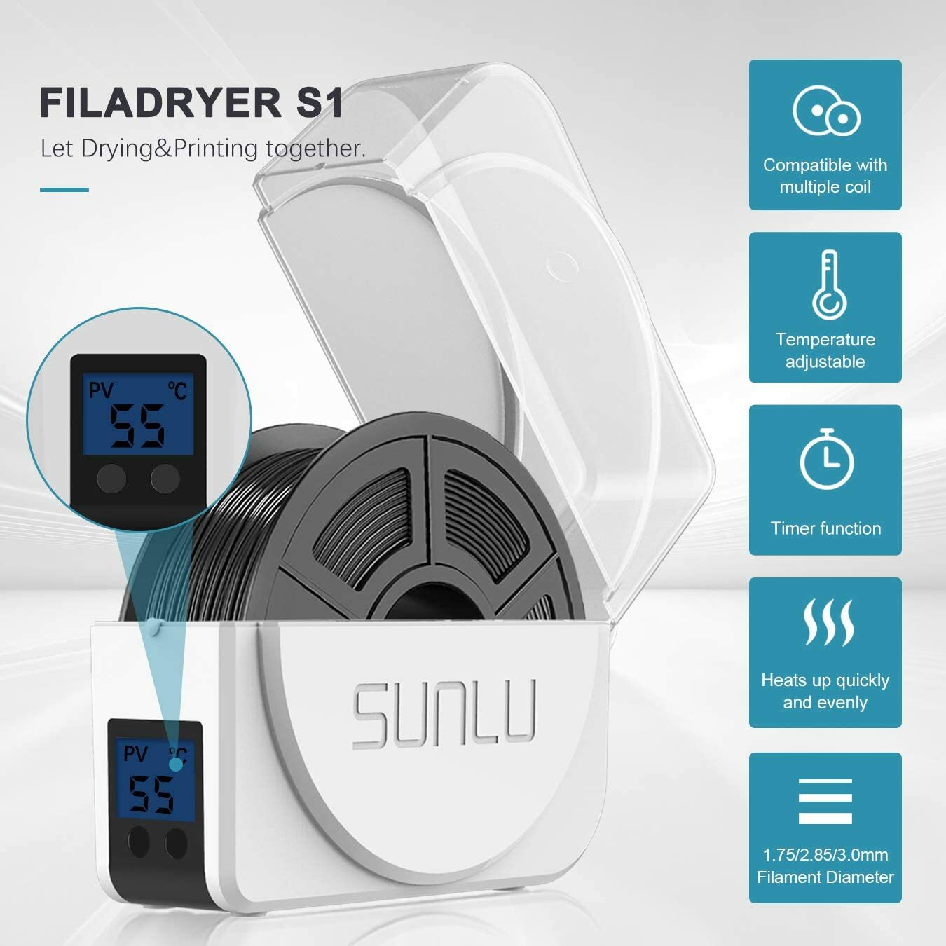 Sunlu S1/Upgraded S2 FilaDryer 3D Printer Filament Dryer 1.75mm Storage Box