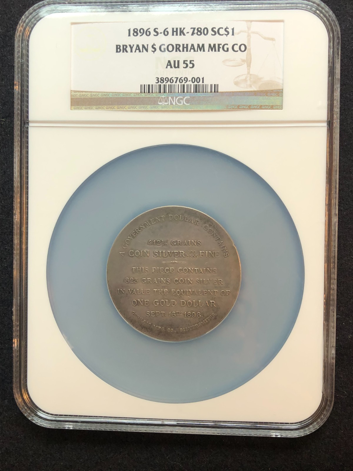 Bryan Dollar, 1896 & 1900 Presidential Campaign Item, So Call Dollar HK 780