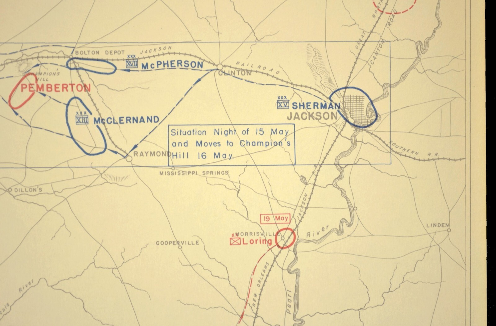 Civil War Map Union Advance to Vicksburg Campaign Mississippi Grant Pemberton