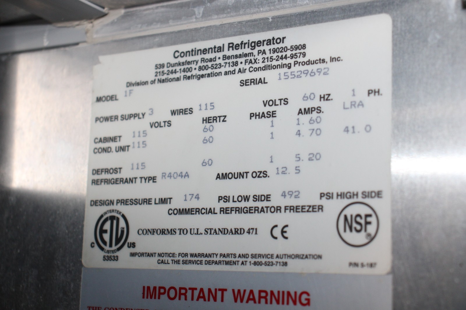 CONTINENTAL MODEL 1F COMMERCIAL FREEZER