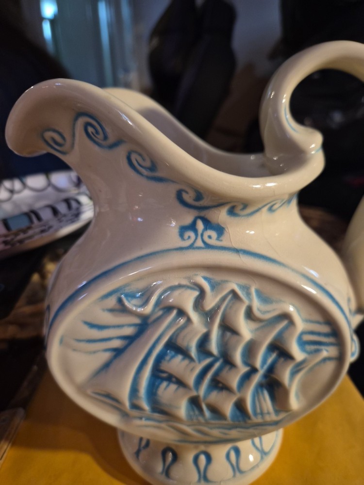 Mccoy Clipper Ship Ceramic Pitcher Blue & Ivory 8”