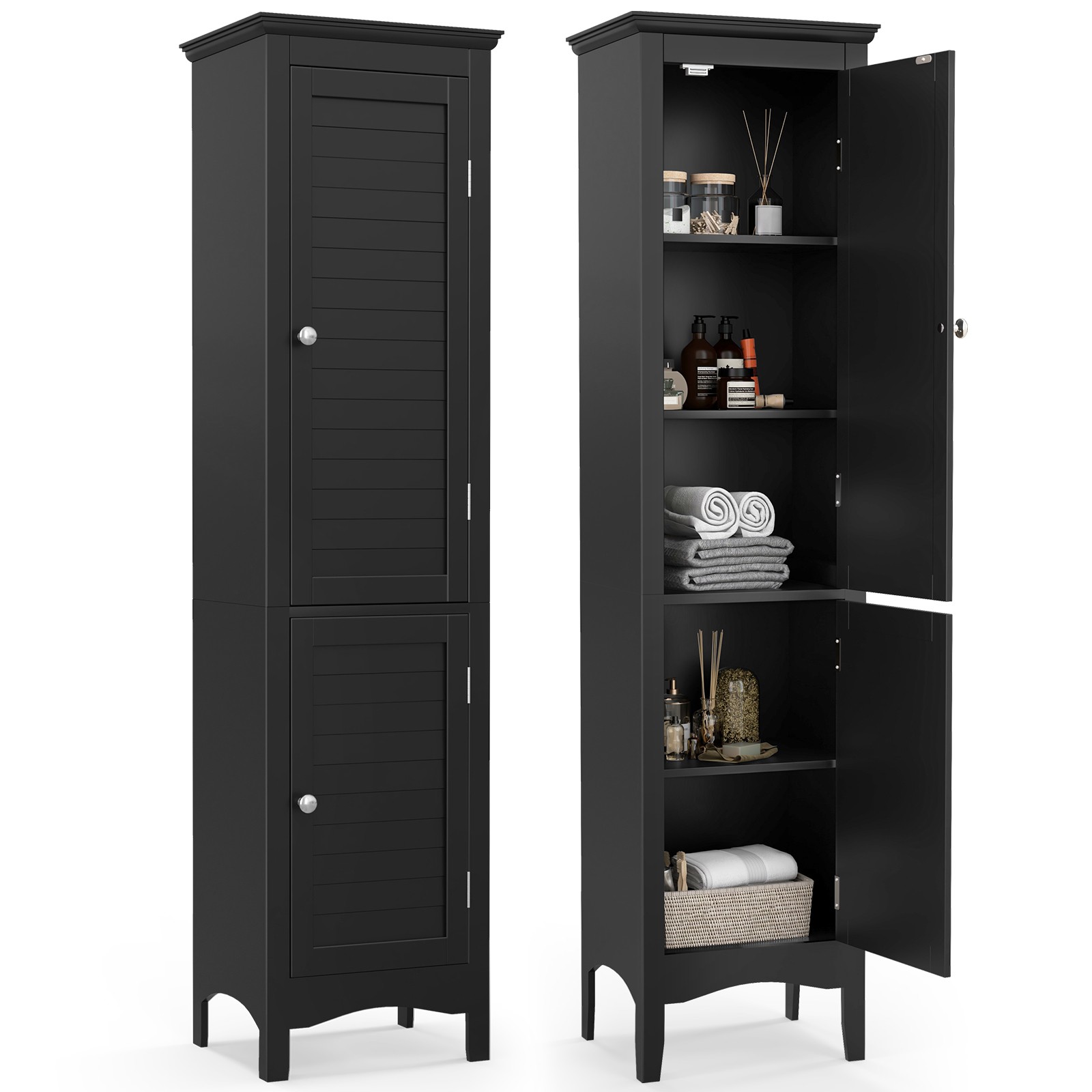 Tall Bathroom Floor Cabinet Narrow Linen Tower w/ 2 Doors & Adjustable Shelf