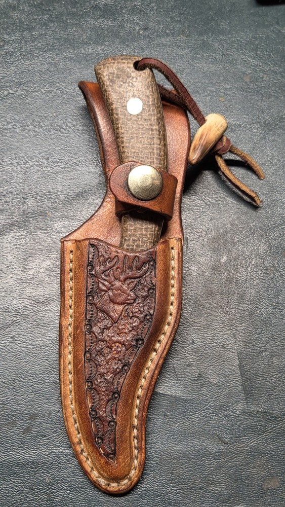 Sharp Finger Brown Leather Sheath Burlap Micarta Handle