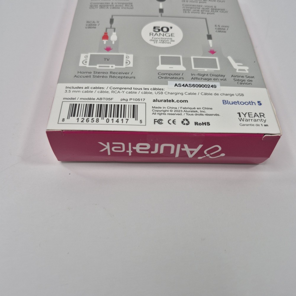 Aluratek Bluetooth Audio Receiver & Transmitter With Bluetooth 5 New Open Box