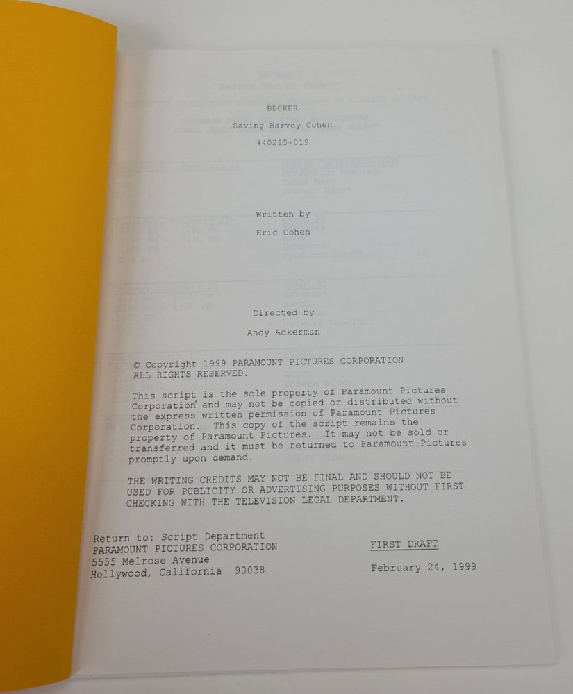 BECKER / Eric Cohen 1999 TV Script, Ted Danson "Saving Harvey Cohen"