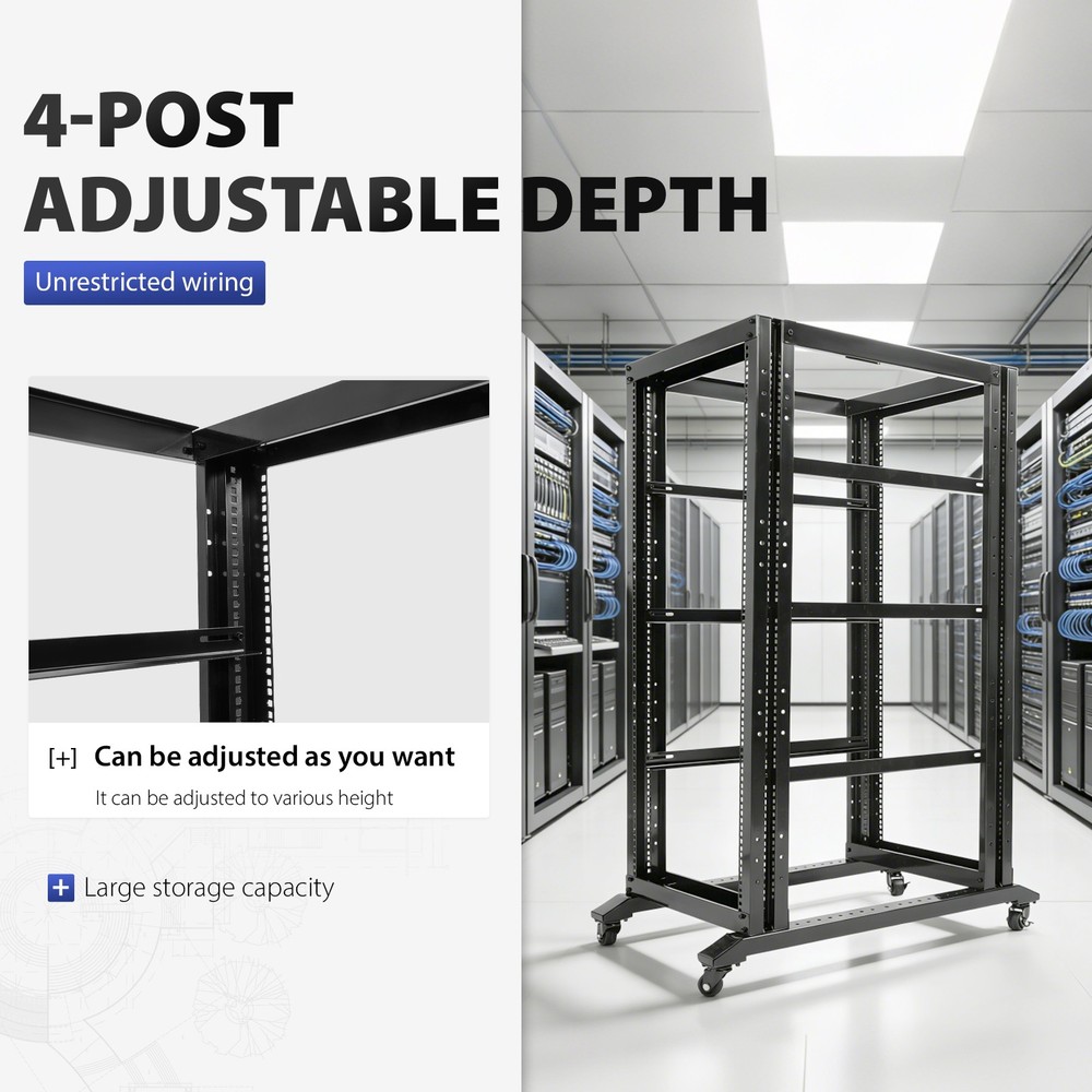 27U 4 Post Open Frame Network Data Server Rack W/ L Rails 22" Adjustable Depth