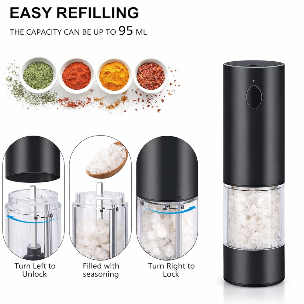 2 Pack Automatic Electric Salt Pepper Grinder Set with Adjustable Coarseness