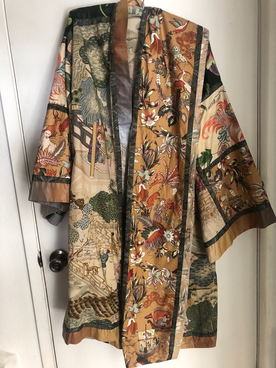 Handmade Cotton Kimono Robe with Obi Sash, Chinoiserie Print S