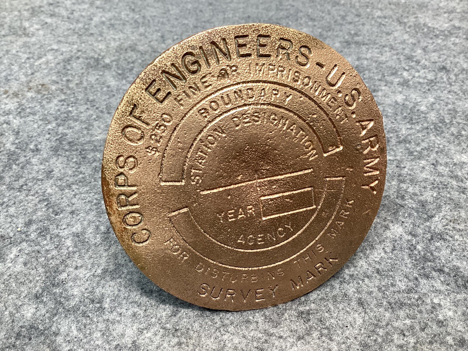 Vintage Brass U.S. Army Corp of Engineers Survey Mark Non Commissioned
