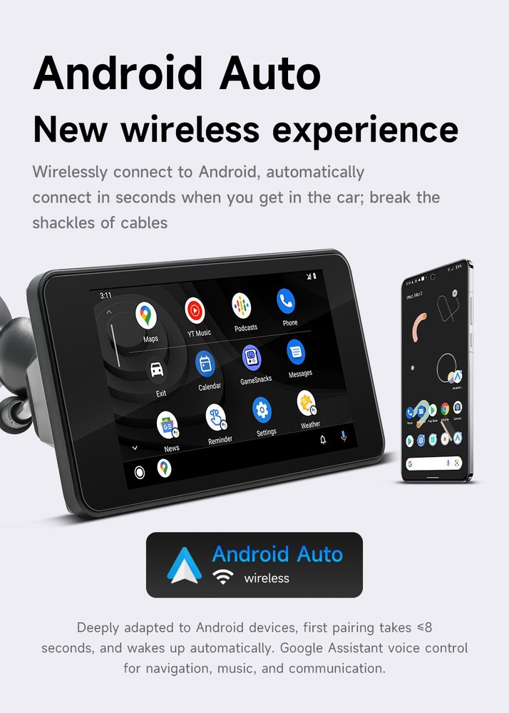 5" Waterproof Motorcycle Navigator Portable Wireless CarPlay Android Auto Screen