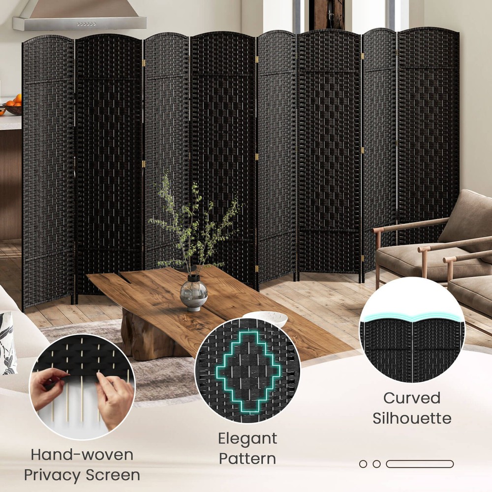8-Panel Room Divider 6 FT Tall Folding Privacy Screen w/Solid Wood Frame
